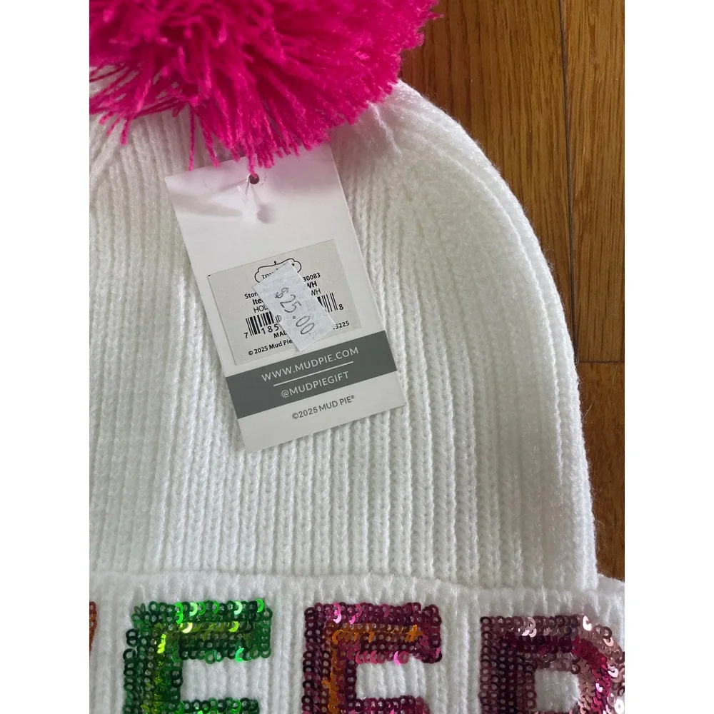 Mud Pie White Cheer Sequin Beanie Pink Pom Pom Ribbed Knit‎ Winter Hat NWT